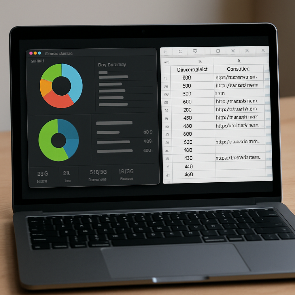 A screenshot-style photo of a laptop showing a Screaming Frog crawl summary next to a Google Search Console Coverage export in a spreadsheet, focused on status codes and canonical columns, photo realistic