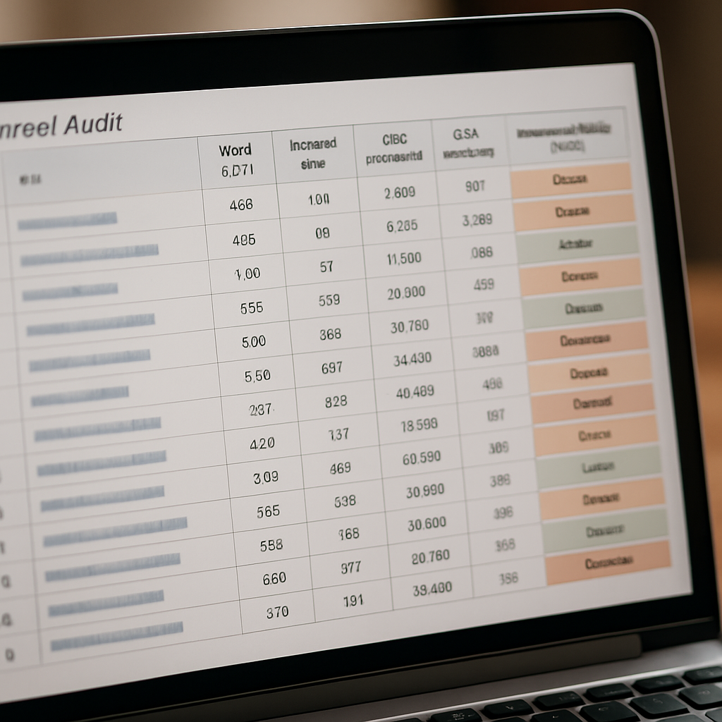 Close-up of a content audit spreadsheet on a laptop screen showing columns: URL, word count, internal links, GSC impressions, GA4 engaged sessions, recommended action; photo realistic