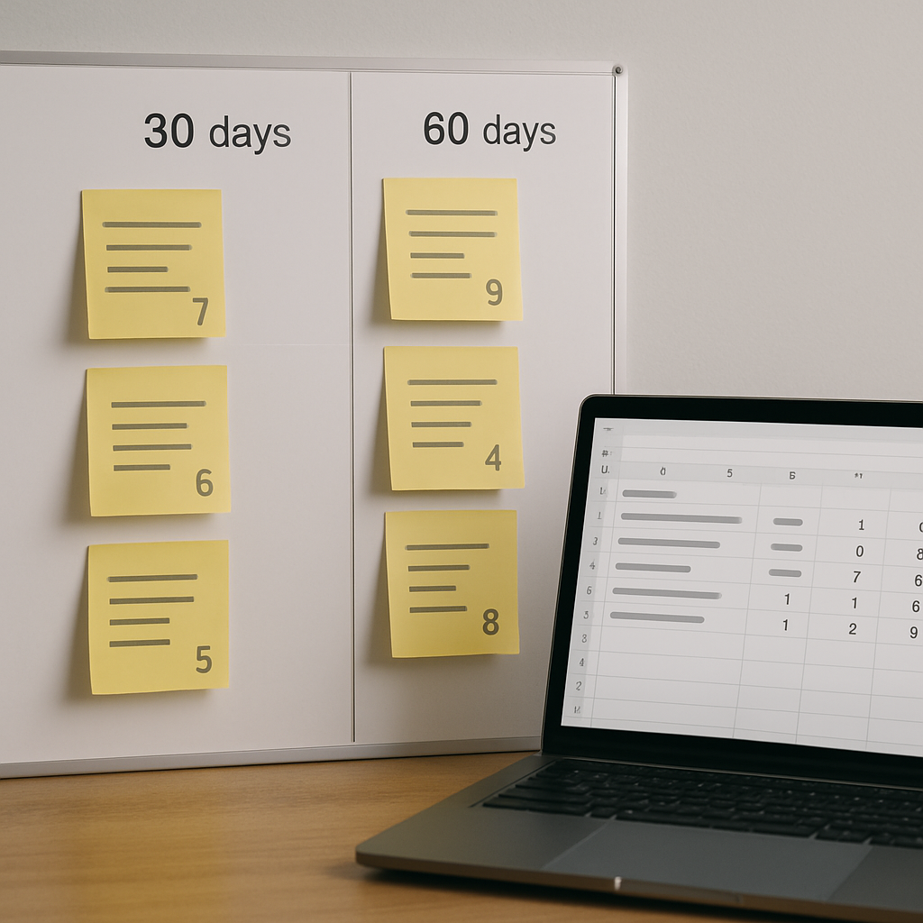 A project board showing prioritized SEO tasks with ICE scores on cards, one board column labeled 30 days, another 60 days, a spreadsheet open with computed scores, professional, photo realistic