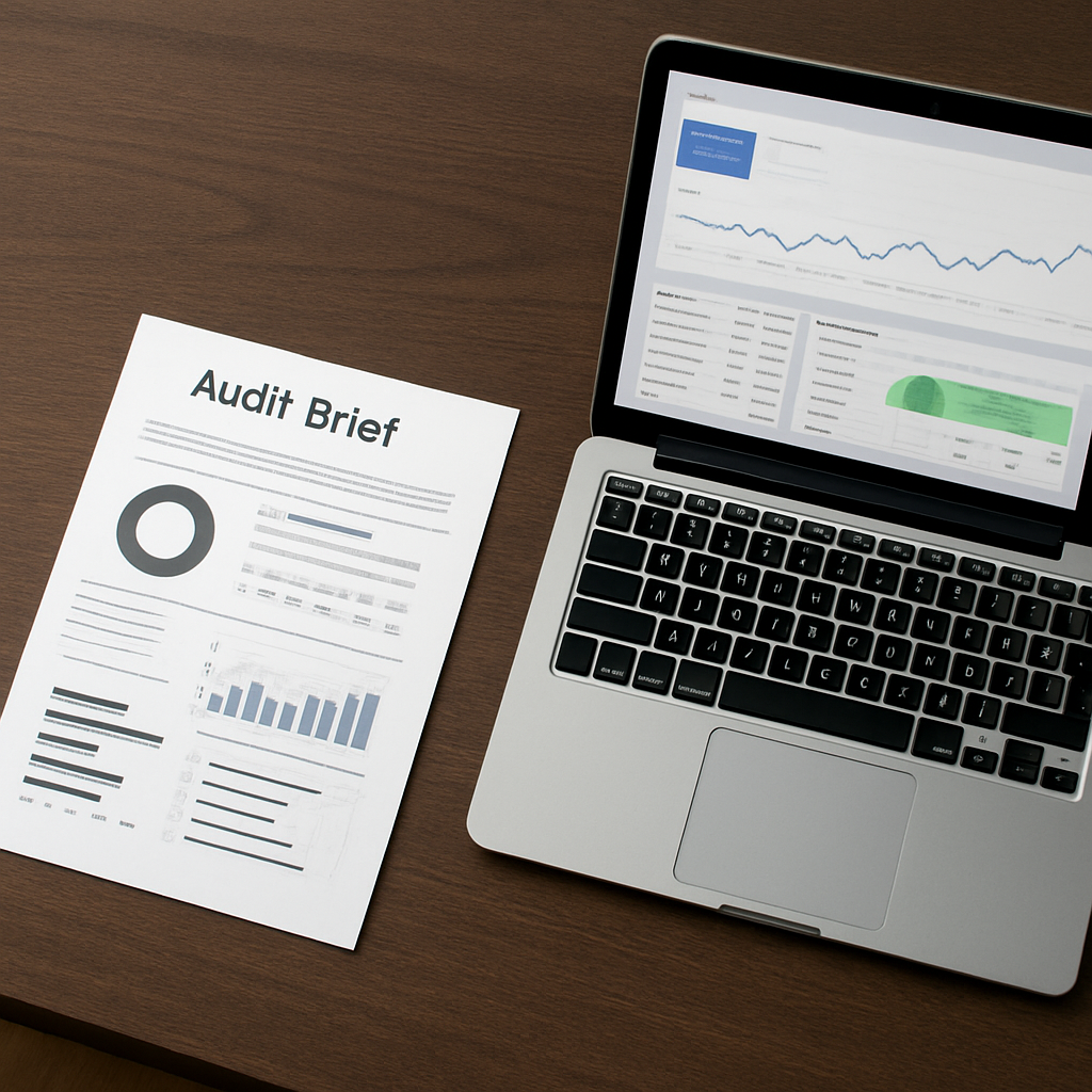 A compact one-page audit brief document on a desk next to a laptop showing Google Search Console and Screaming Frog dashboards, professional, top-down photo realistic