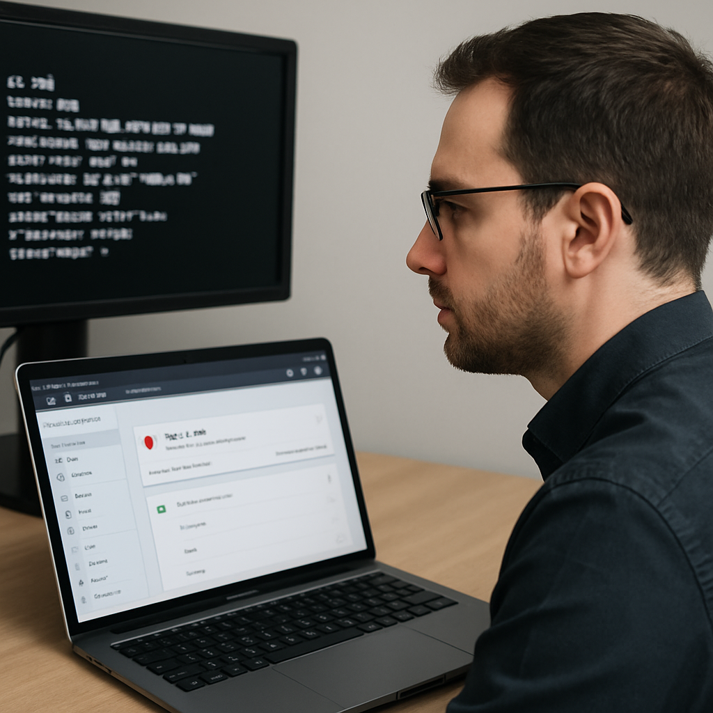 A technical SEO engineer using a terminal showing curl output for X-Robots-Tag and a browser window open to Google Search Console URL Inspection, professional, photo realistic
