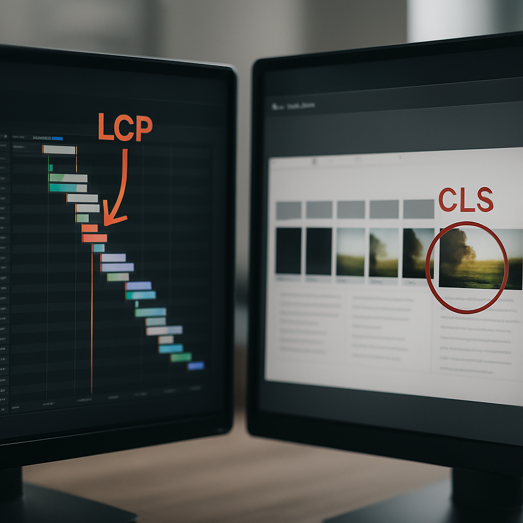 A split-screen professional dashboard showing a Lighthouse waterfall on one side and a WebPageTest filmstrip on the other, with annotations highlighting LCP and CLS issues, photo realistic