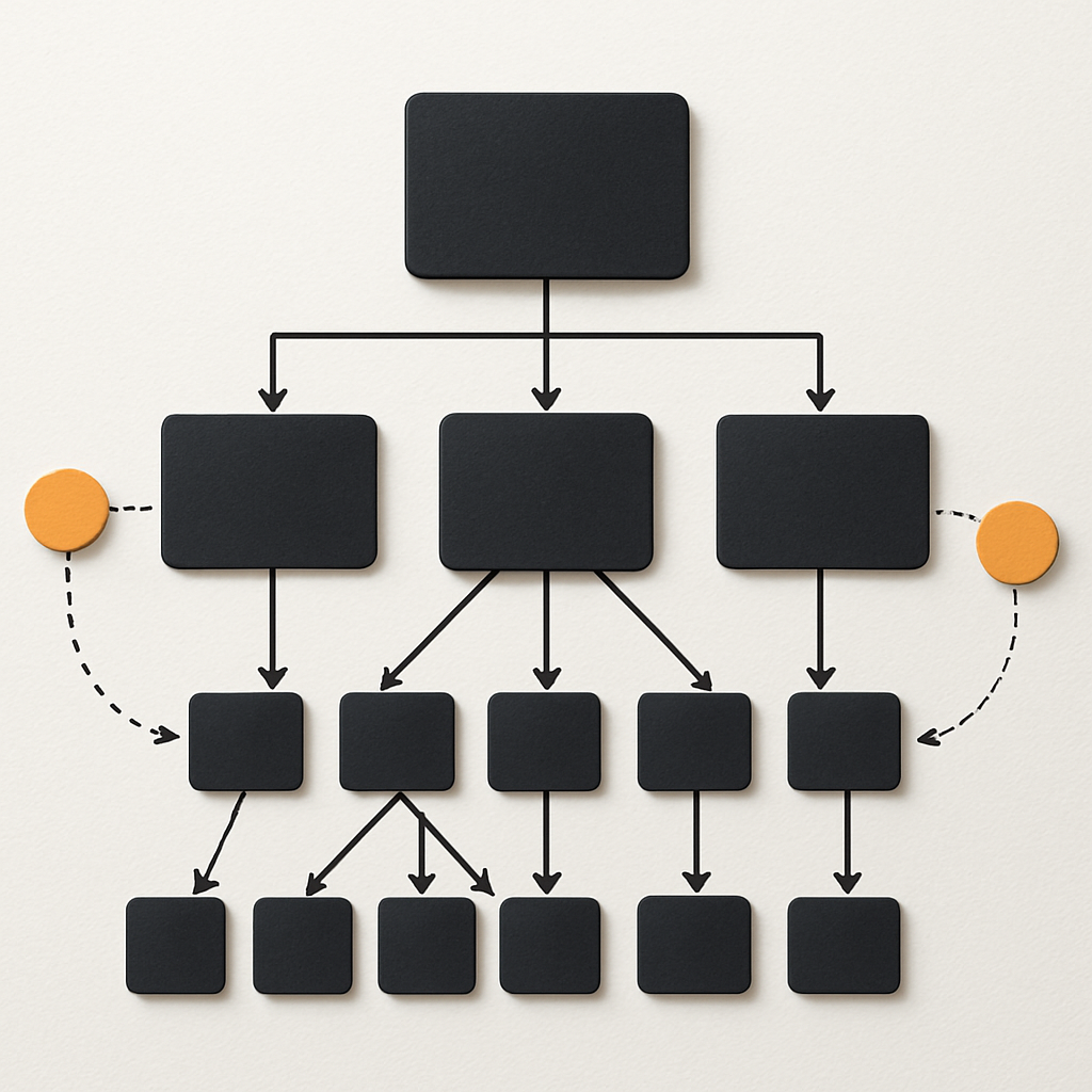 A professional, photo realistic diagram of a website site architecture graph showing homepage, pillar pages, and leaf pages with arrows indicating internal link flow and highlighted orphan nodes, annotated for UX focus