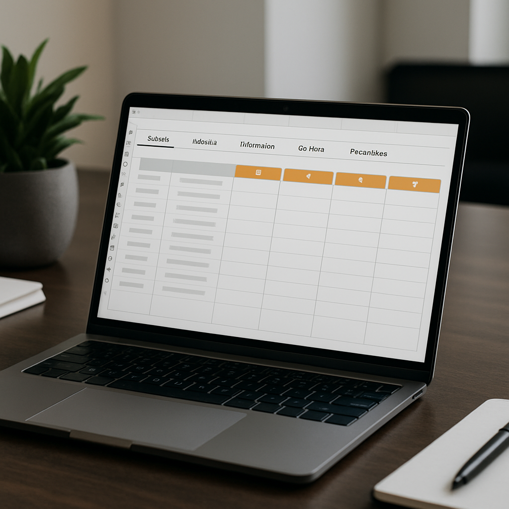 Photo realistic screenshot-style image of a Google Sheets SEO audit template open on a laptop screen showing tabs: Overview, Technical, Performance, On Page, Prioritization; clean, professional workspace; highlight CSV import areas and protected columns