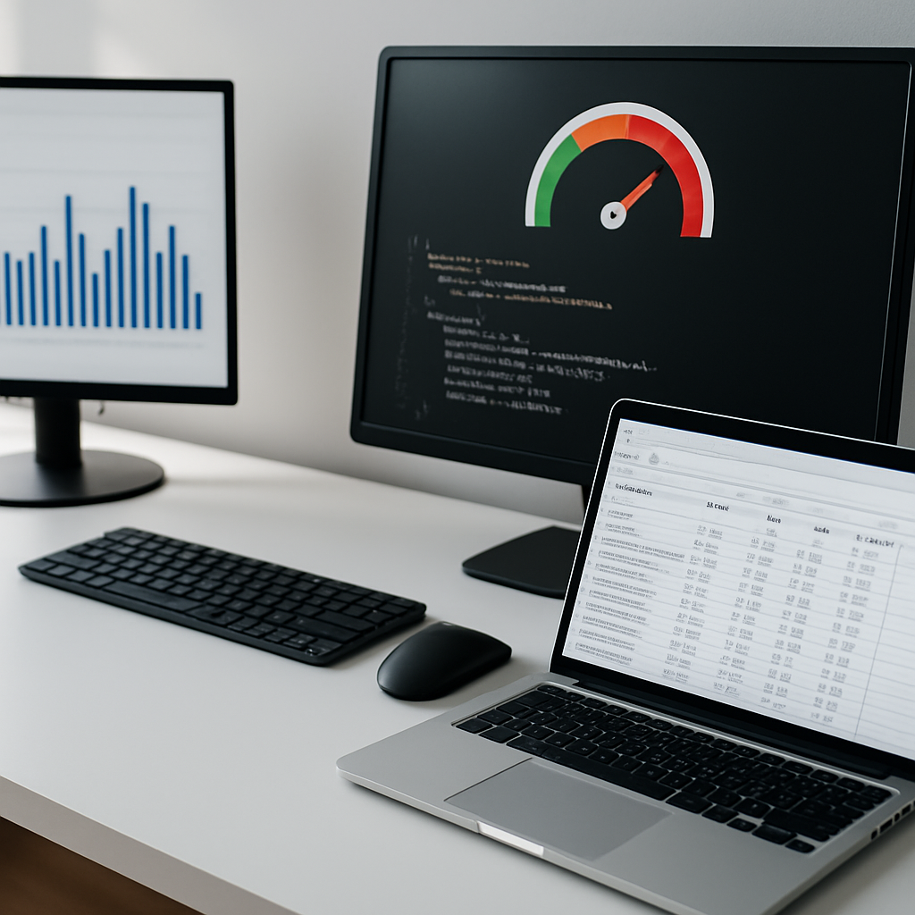 Photo realistic dashboard-style image showing a performance audit workflow: a Chrome UX Report export, Lighthouse JSON, and a spreadsheet with columns for URL, LCP, INP, CLS, TTFB, Fix Type; clean professional analytics workstation