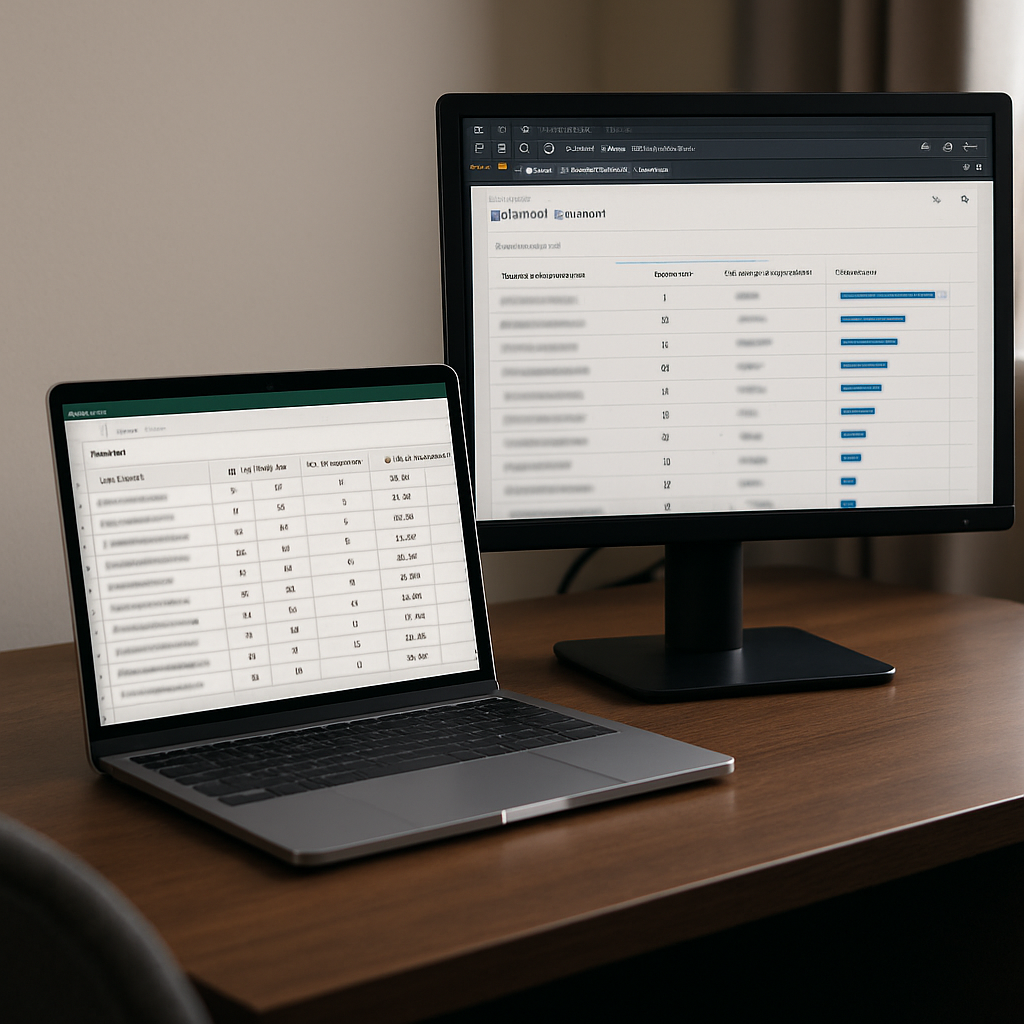 Photo realistic image of a spreadsheet Backlinks tab showing columns: Referring Domain, DR, Trust Flow, Anchor Concentration, First Seen, Action Status; plus an open browser window with an Ahrefs referring domains export; professional analytics workstation