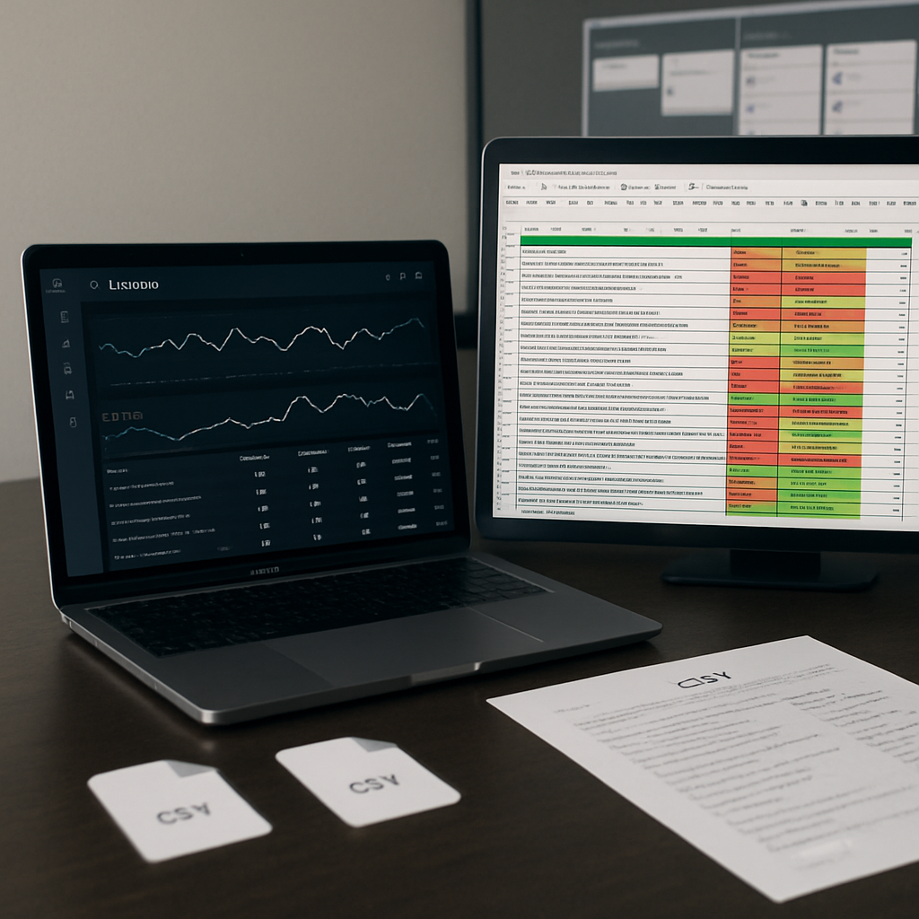 Photo realistic image of a modern work desk showing a laptop with the Ranklytics interface open beside a Google Sheets audit template populated with prioritized rows; visible elements: exported CSV filenames, a Trello board in the background, and a printed Fix Log; professional analytical mood