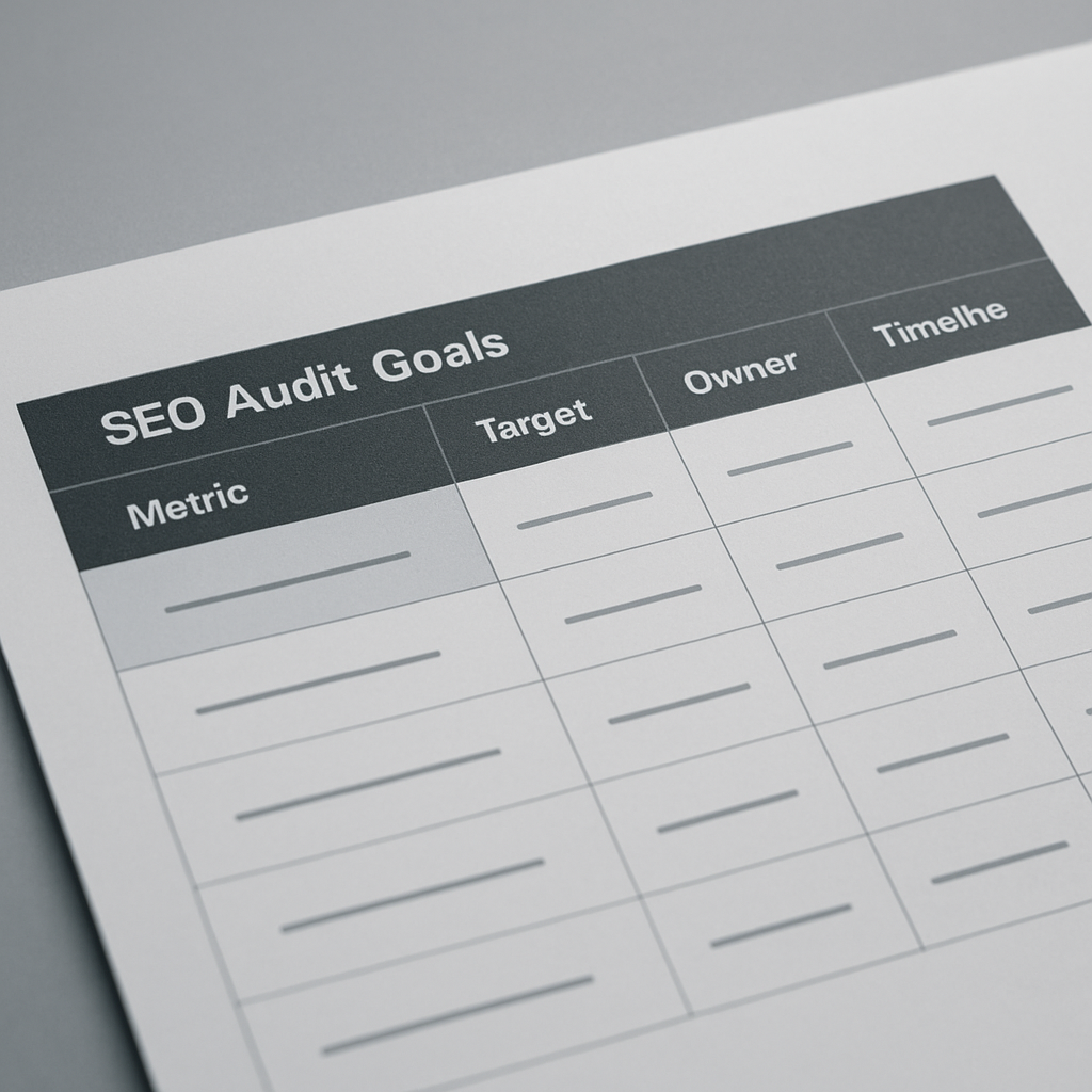 A professional dashboard-style visualization showing an SEO audit goal table with columns Metric, Ba