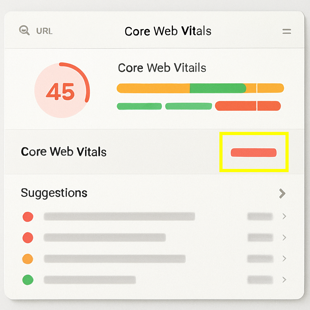 Screenshot-style image of a PageSpeed Insights report showing Core Web Vitals scores for a single UR