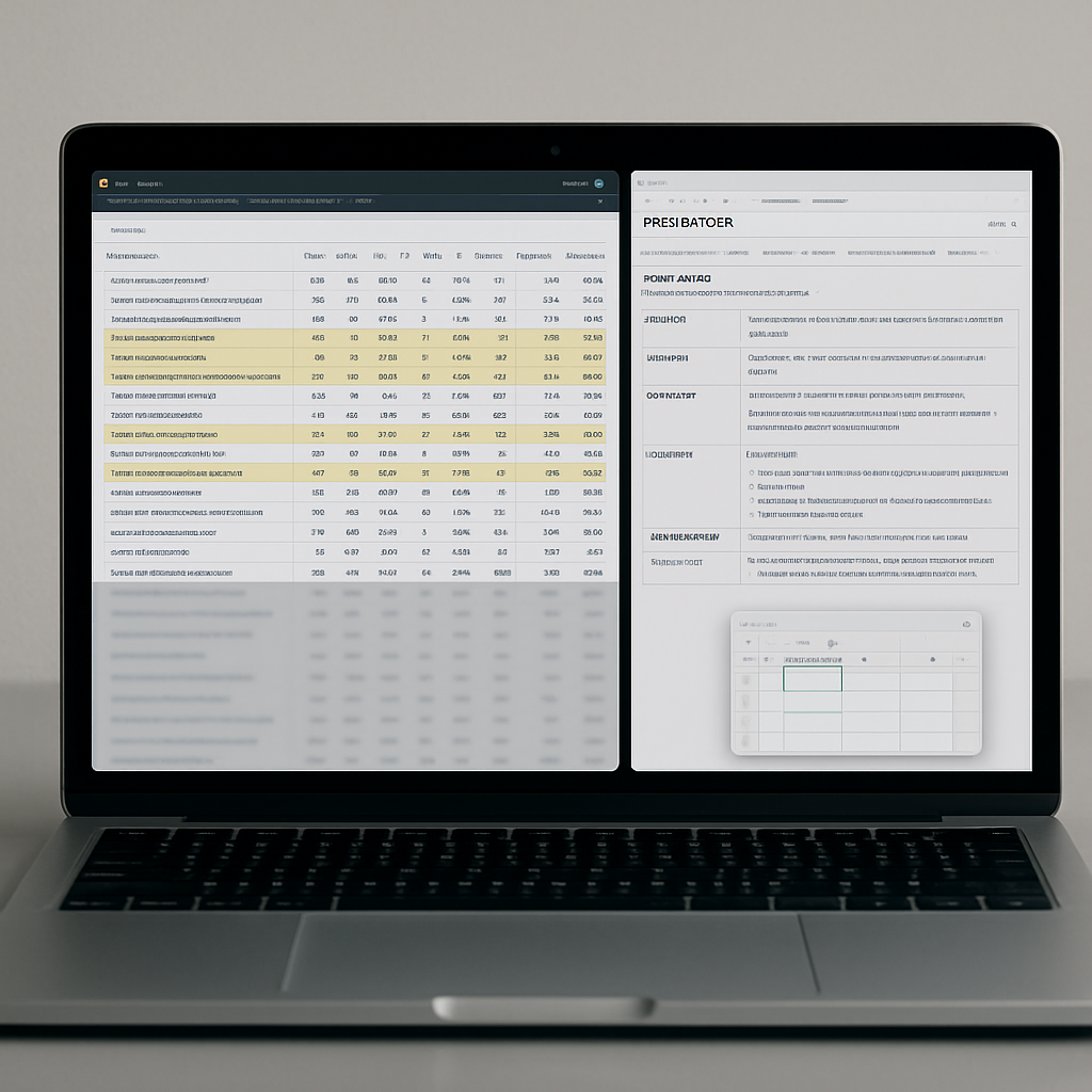 Screenshot-style photo of a laptop showing an Ahrefs content gap export next to a Ranklytics content