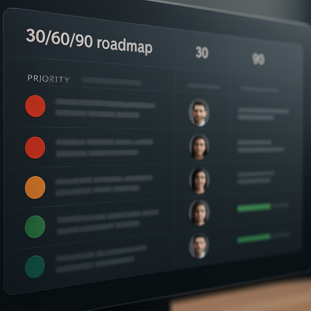 A professional dashboard screenshot style image showing a 30/60/90 roadmap with prioritized SEO issu