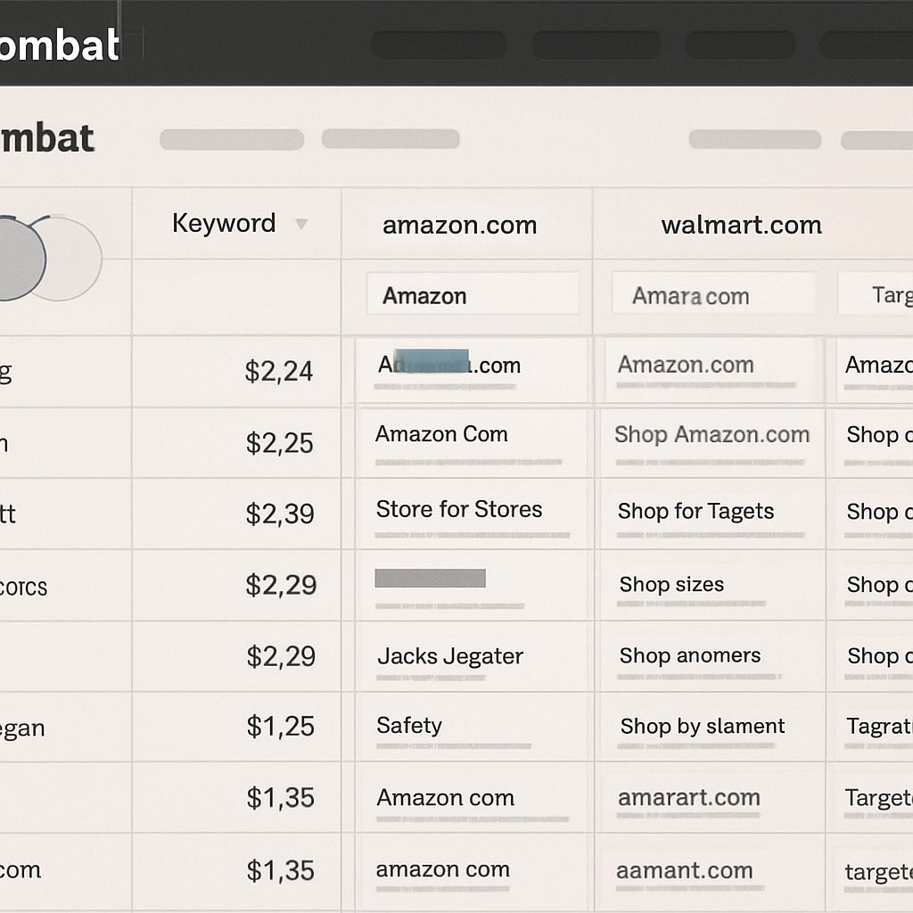 Photorealistic dashboard screenshot of SpyFu Kombat comparing amazon