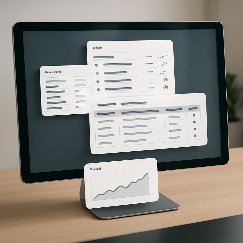 Photo realistic dashboard mockup showing three concentric report views: a compact daily alerts panel