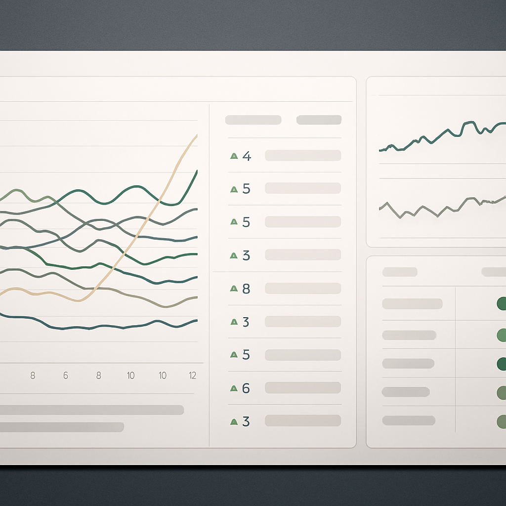 Dashboard screenshot style image showing a merged keyword rankings report: left panel daily position