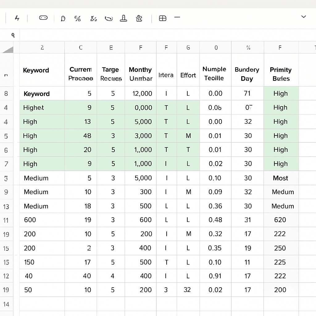 Screenshot style mockup of a Google Sheets Priority Score table for a keyword rankings report showin