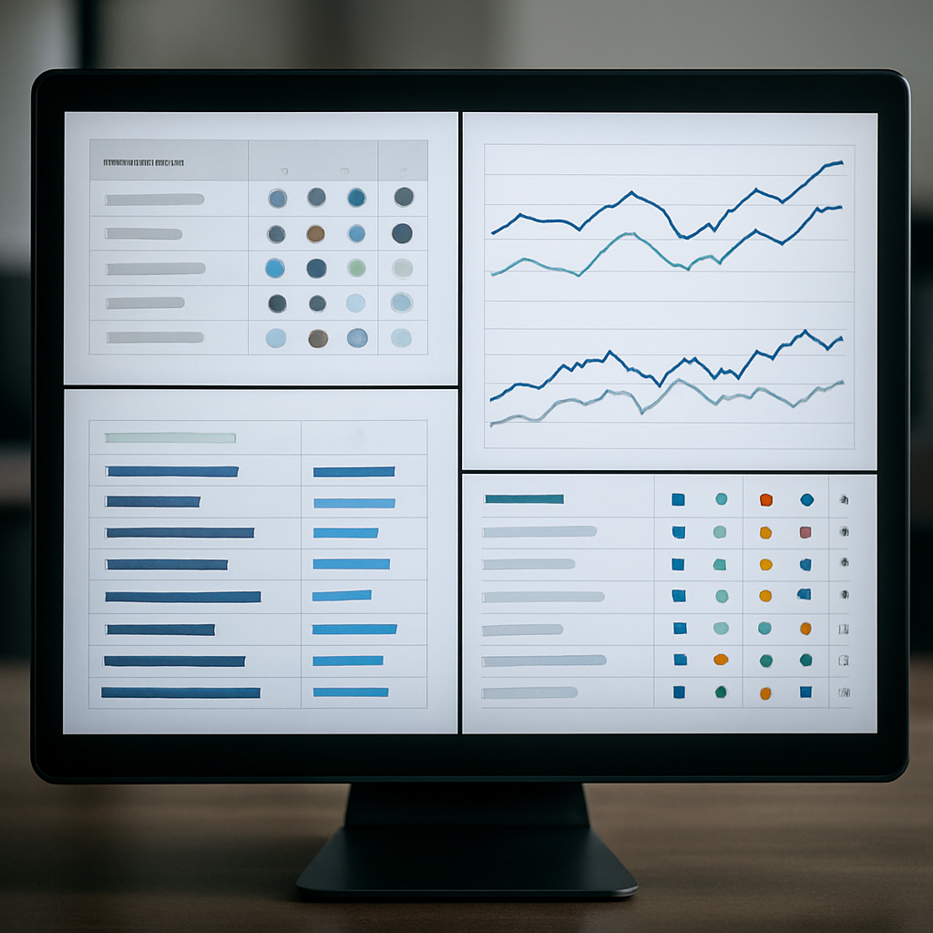 Professional dashboard mockup showing a decision matrix table, local vs mobile rank trend charts, an