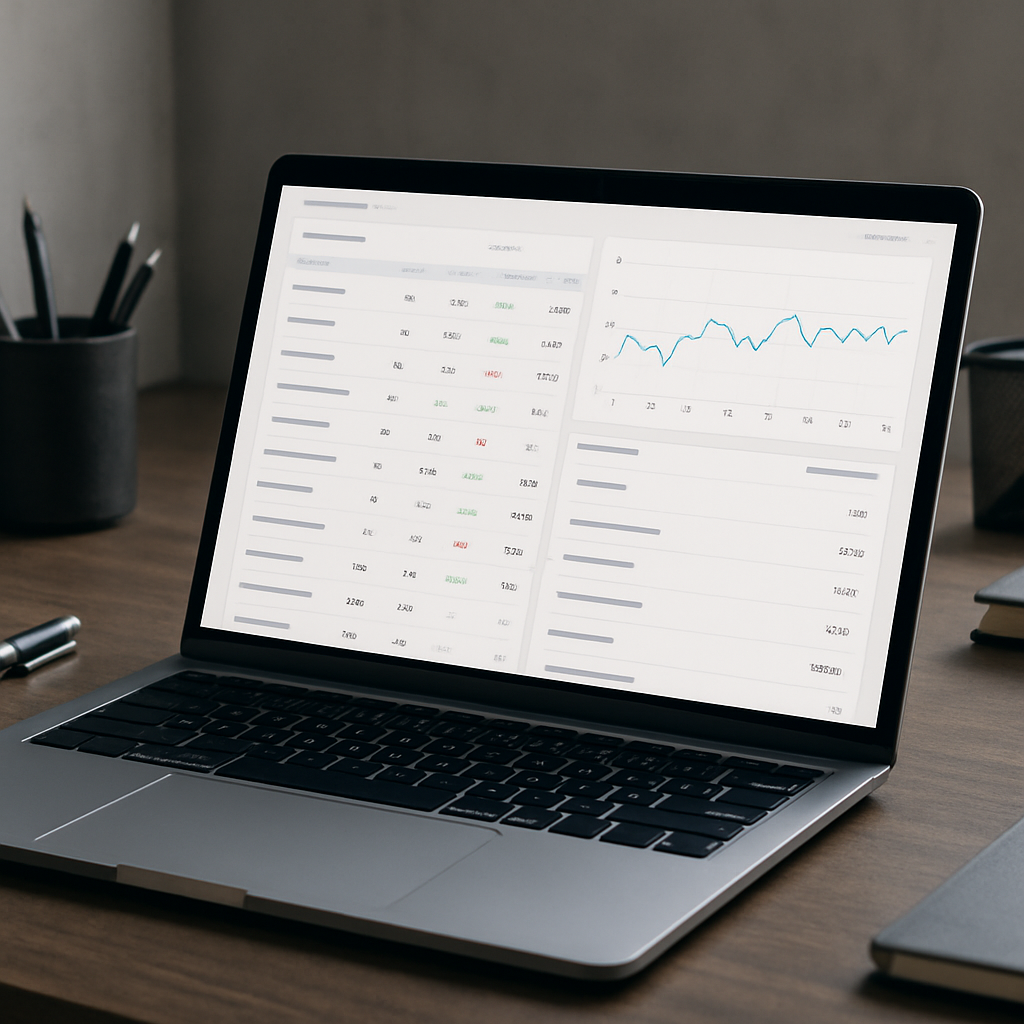 Photo realistic image of a modern laptop displaying Mangools SERPWatcher dashboard: keyword list, da