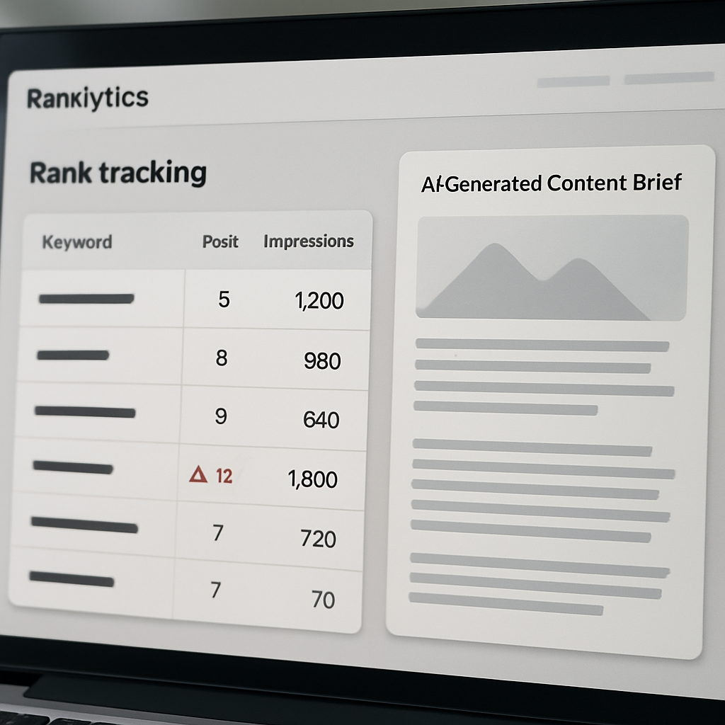 Dashboard screenshot style image showing an integrated rank tracking panel in Ranklytics with keywor