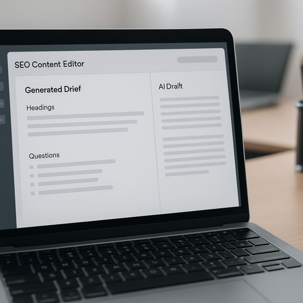 A professional screenshot-style photo of an SEO content editor similar to Frase showing a generated