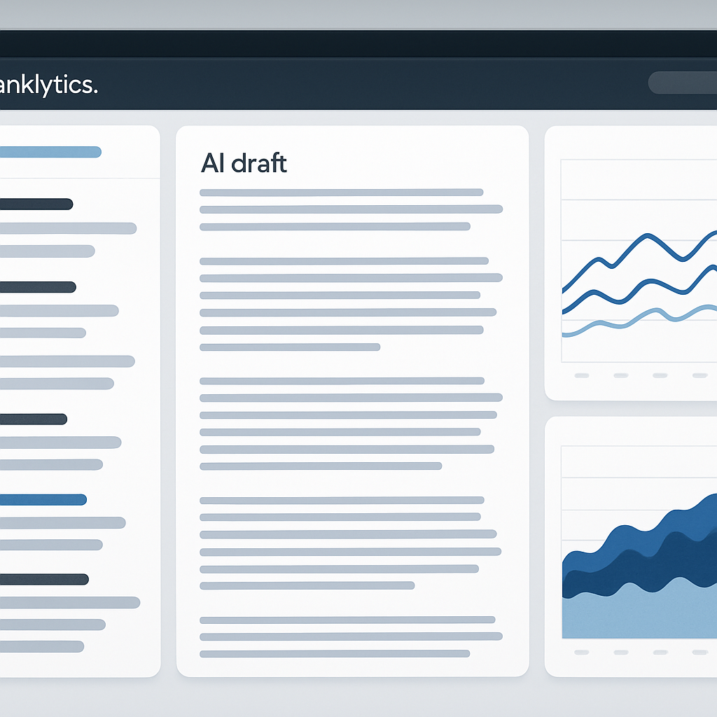 Screenshot-style composition showing Ranklytics dashboard with topic clusters on the left, an AI dra