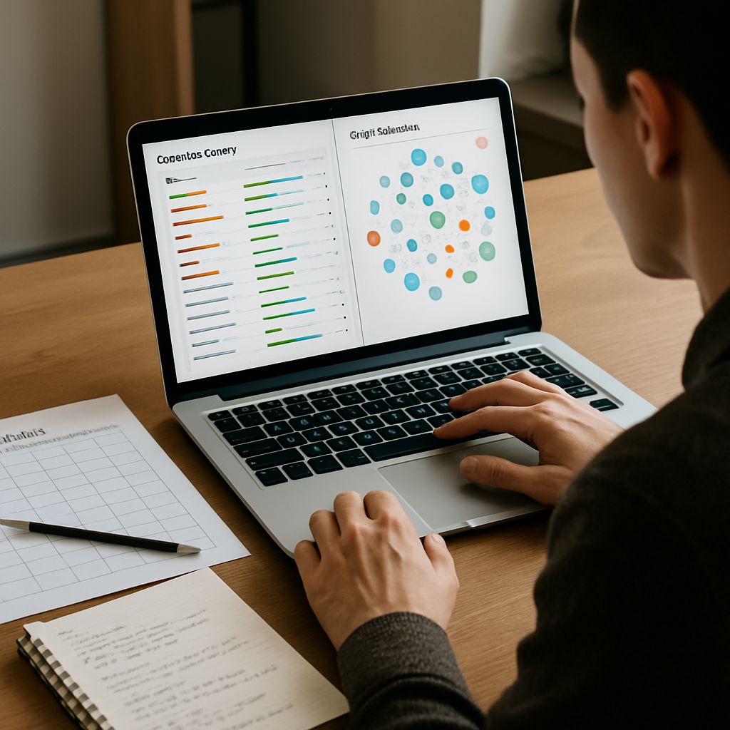 Professional workspace showing a content strategist reviewing a MarketMuse-style topic model and con