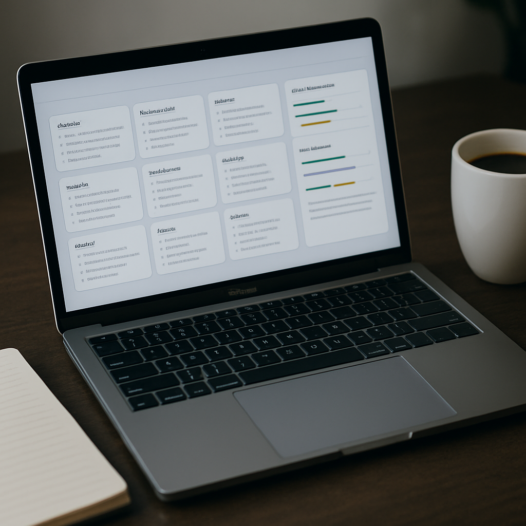 Photo-realistic close-up of a laptop displaying SEMrush Topic Research clusters and the SEO Writing