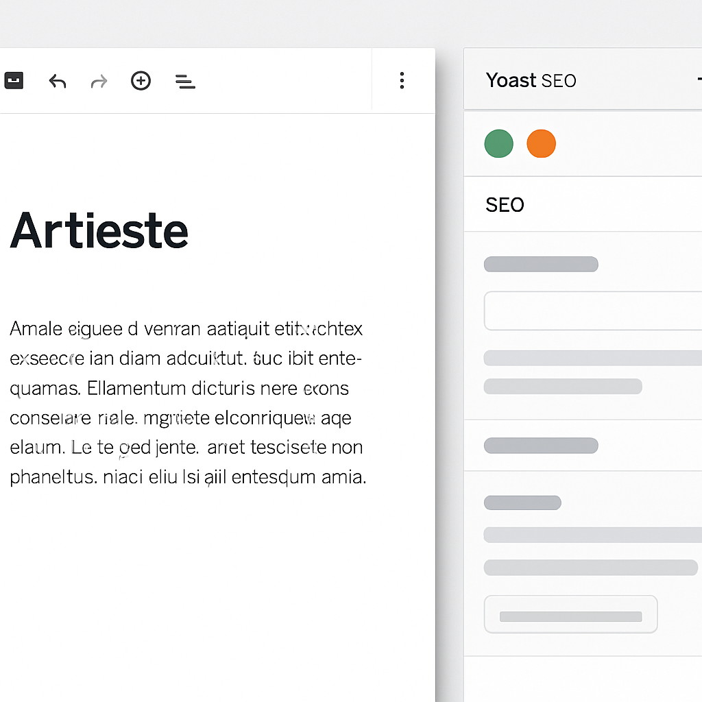 Photo-realistic screenshot-style image of a WordPress editor with the Yoast SEO sidebar open showing