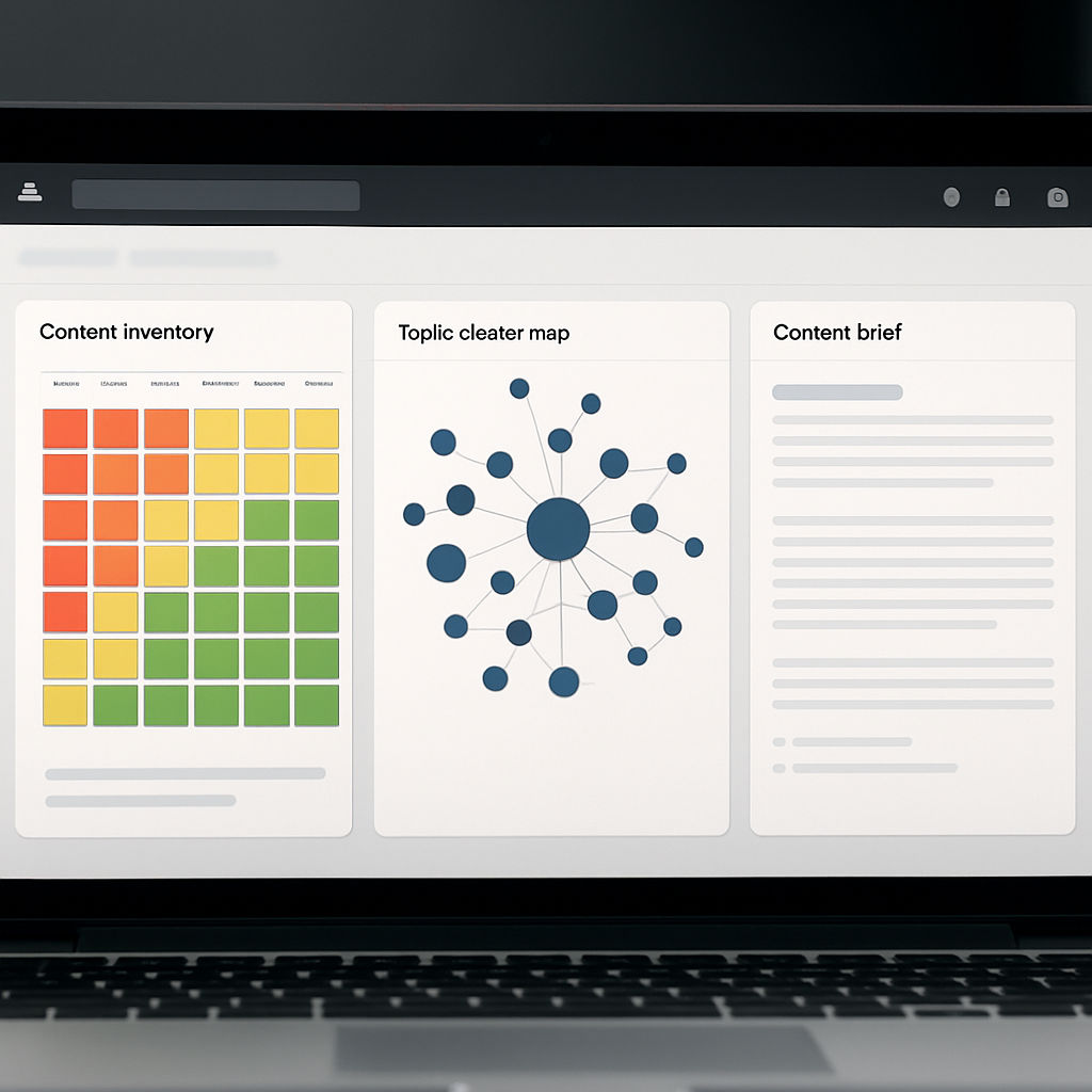 Screenshot-style, photo realistic image of a MarketMuse-like dashboard showing a content inventory h