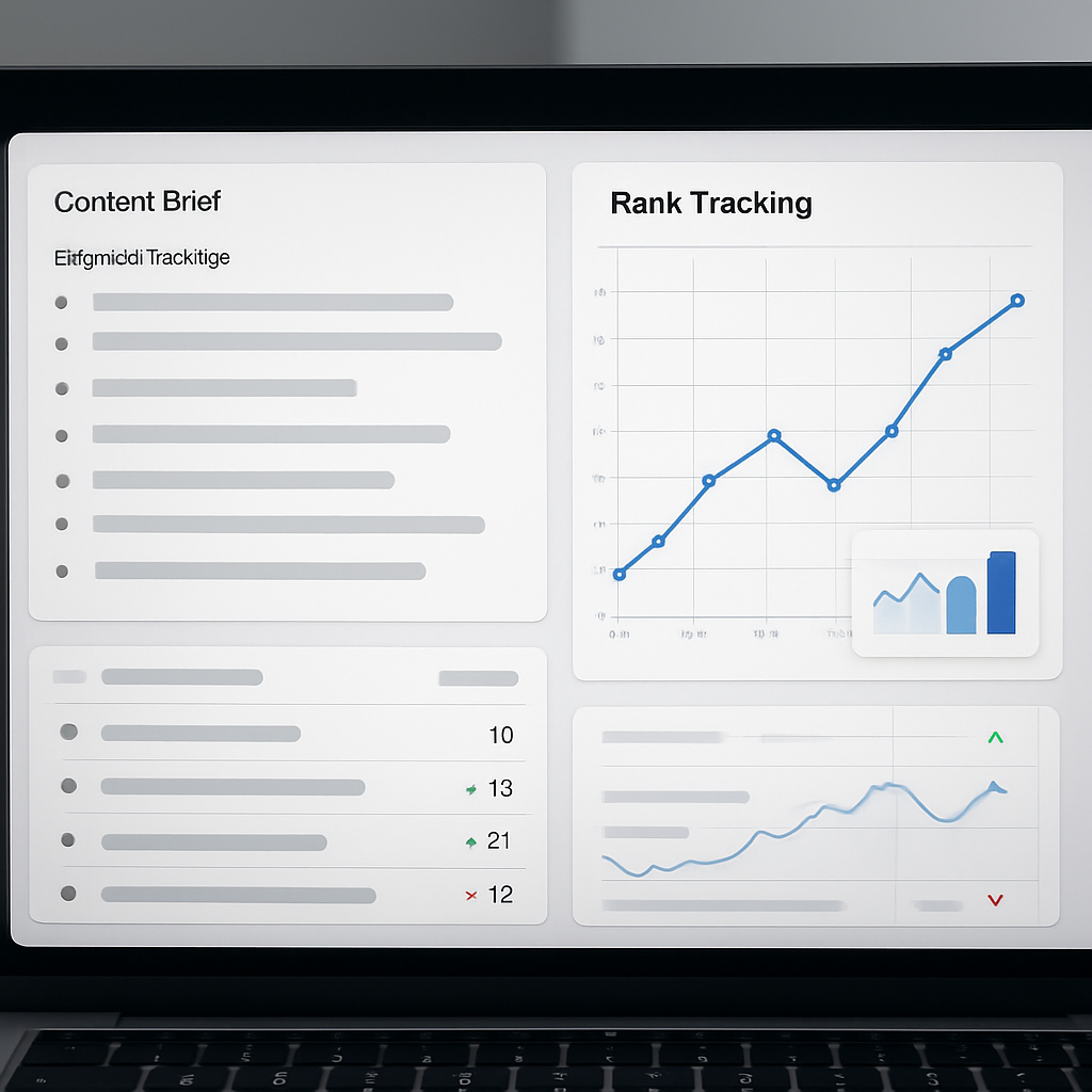 Dashboard screenshot showing Ranklytics content brief with suggested headings and integrated rank tr