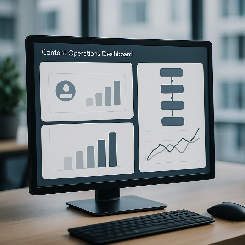 Photo realistic image of a content operations dashboard showing automated draft generation metrics