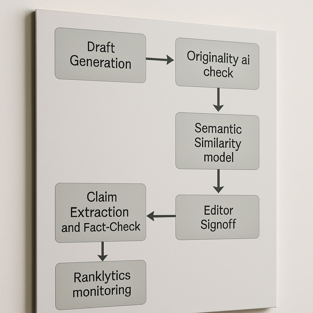 Photo-realistic flowchart of an automated QA pipeline for AI-generated content: boxes for Draft Gene
