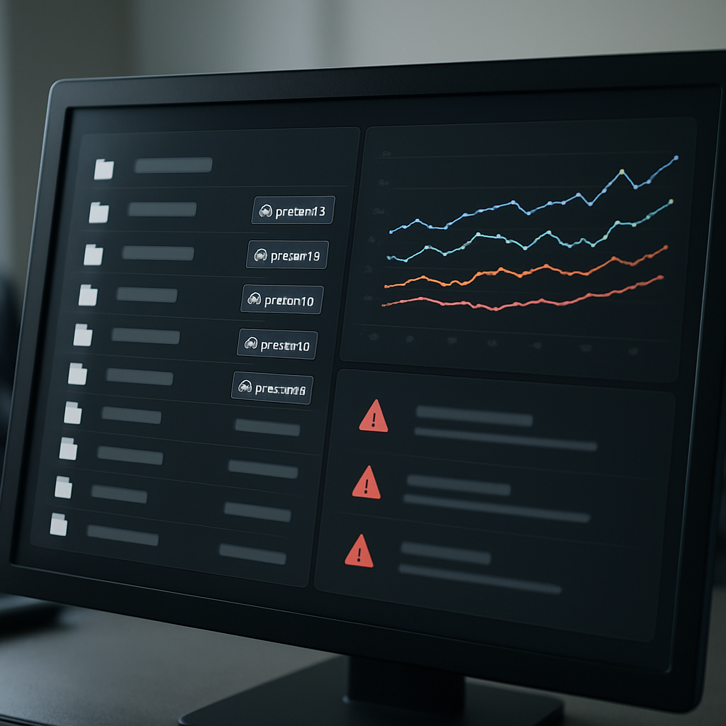 Dashboard view showing tagged AI-generated pages, keyword rank trend lines, and alert notifications