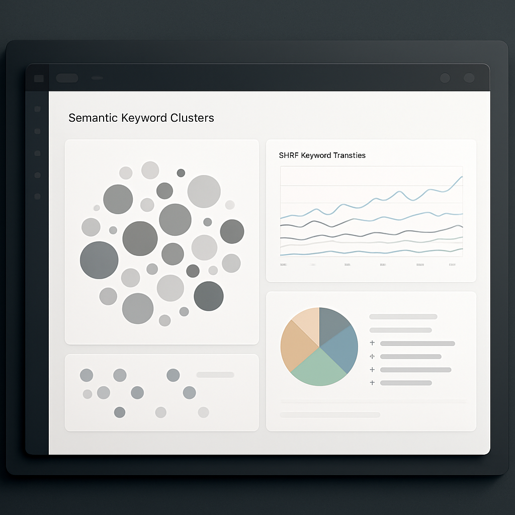 A professional analytic dashboard displaying semantic keyword clusters, SERP features timeline, and