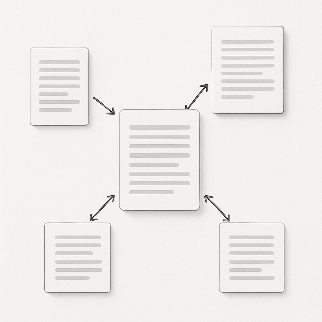Diagram showing a pillar page at the center with three cluster pages around it, arrows indicating se
