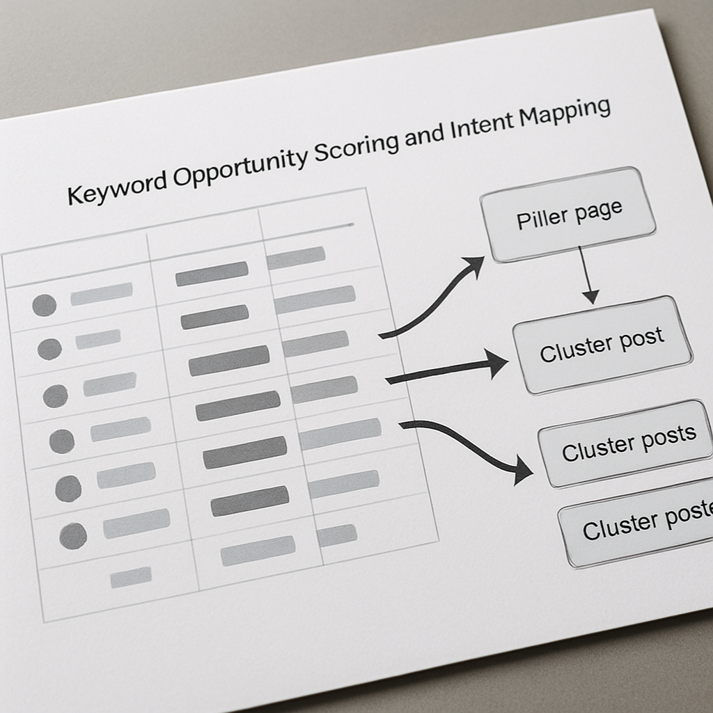 Diagram showing keyword opportunity scoring and intent mapping: spreadsheet columns for volume, KD
