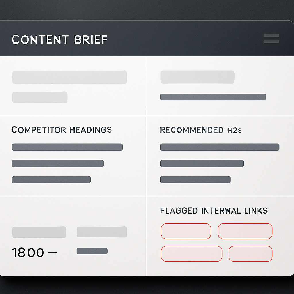 A professional dashboard-style screenshot of a content brief showing target keyword, intent label, c