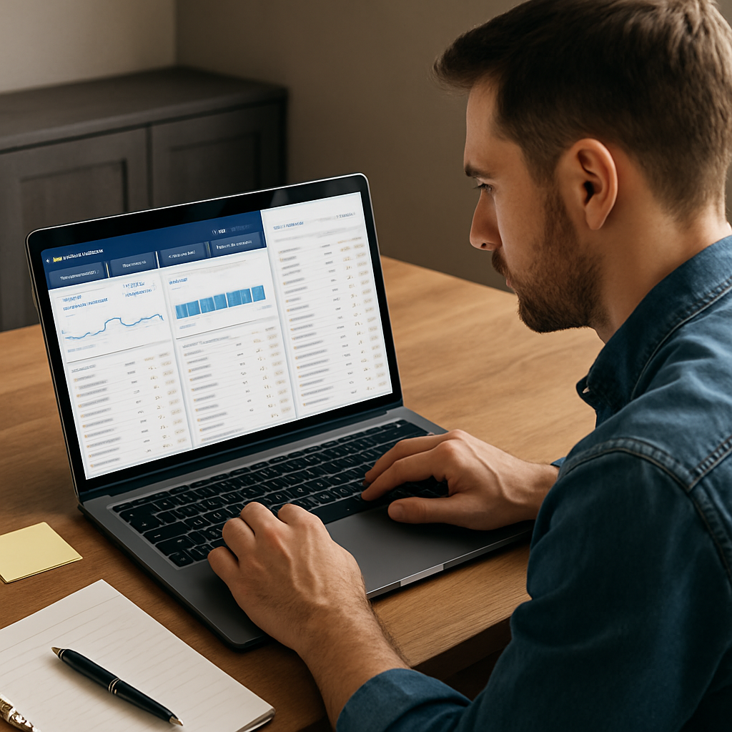 Photo realistic image of a small business owner doing keyword research on a laptop showing Google Se