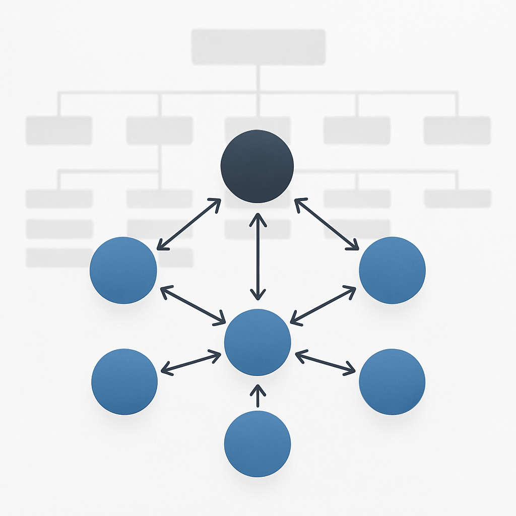 Diagram style screenshot of a topical cluster graph showing a central pillar node connected to six c