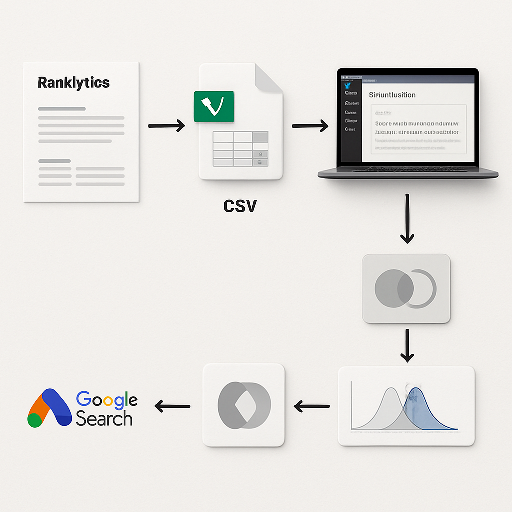 Photo realistic diagram of a data pipeline for meta description A B testing showing Ranklytics gener