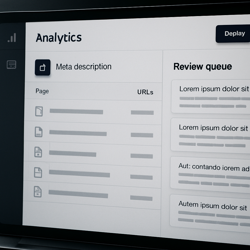 Photo realistic screenshot style image of an analytics dashboard showing the Ranklytics AI meta desc