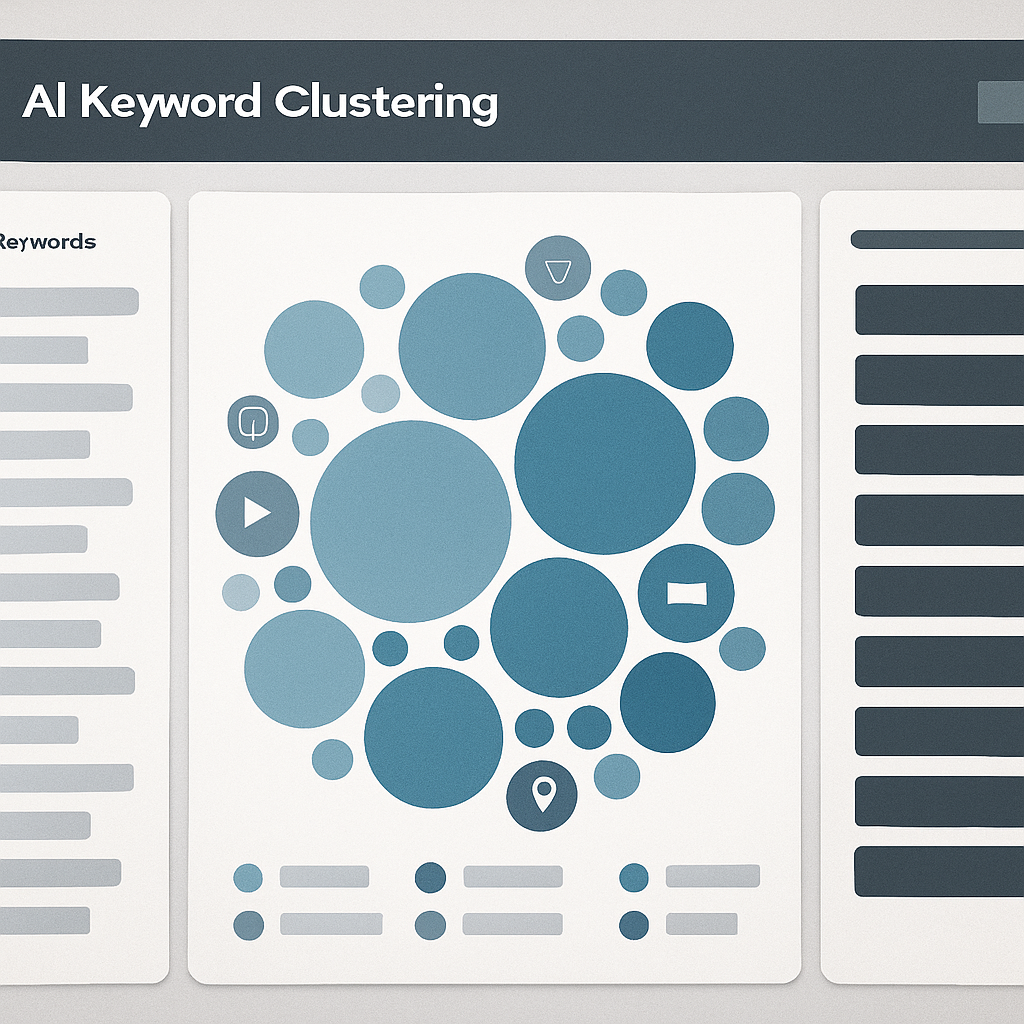 Dashboard screenshot style image showing an AI keyword clustering interface: seed keywords on left