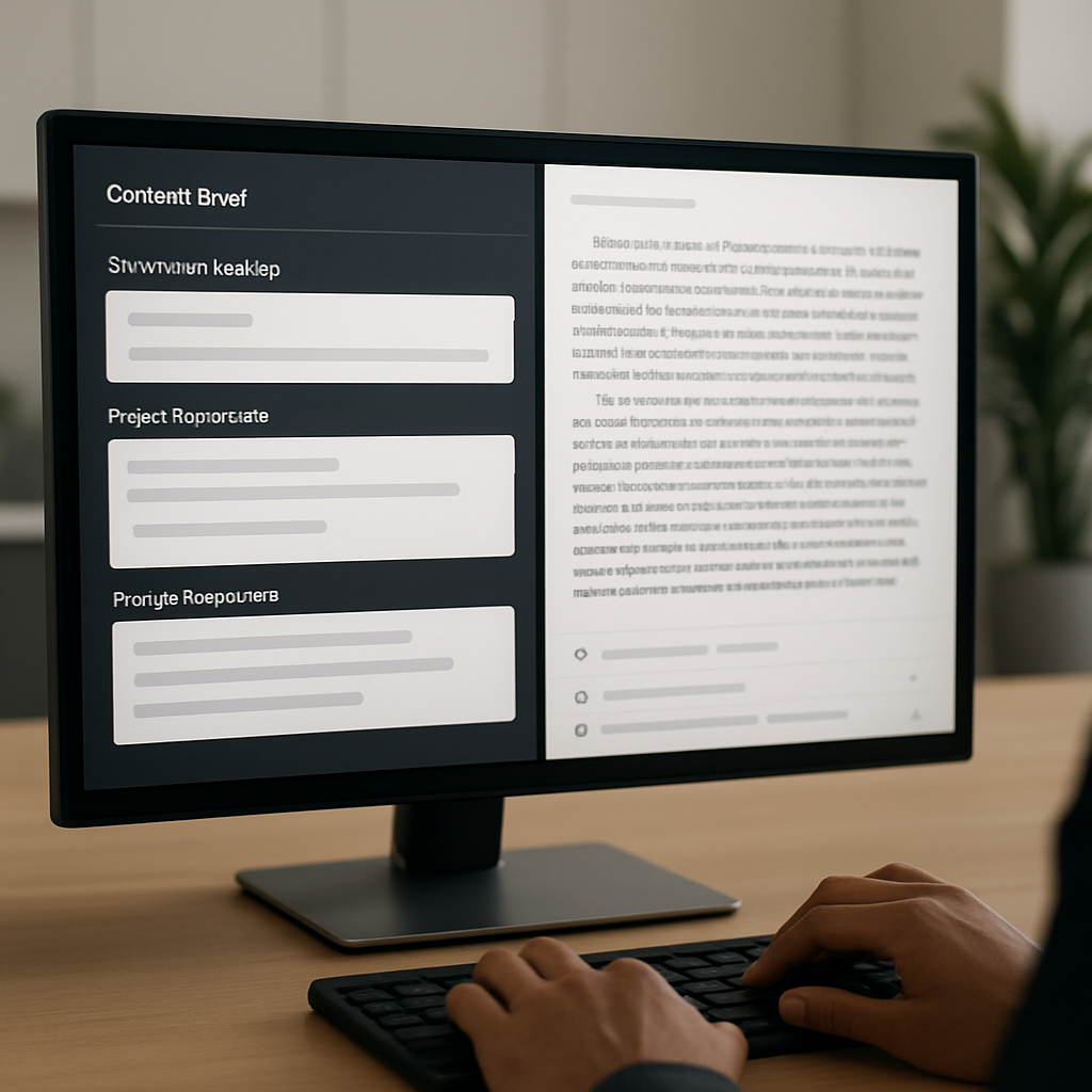 Photo realistic image of a content editor workspace showing a split-screen: left side a structured A