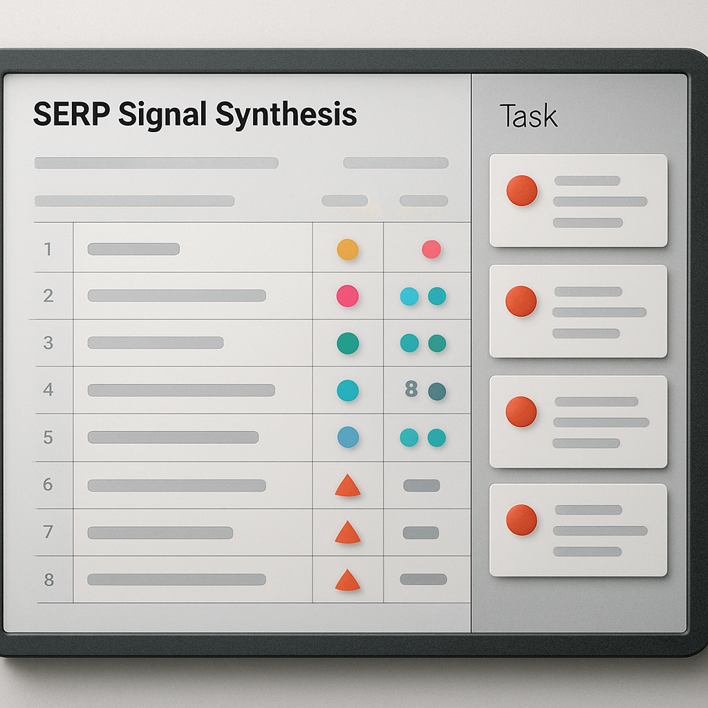 Dashboard-style visualization showing SERP signal synthesis: top 10 results with colored markers for