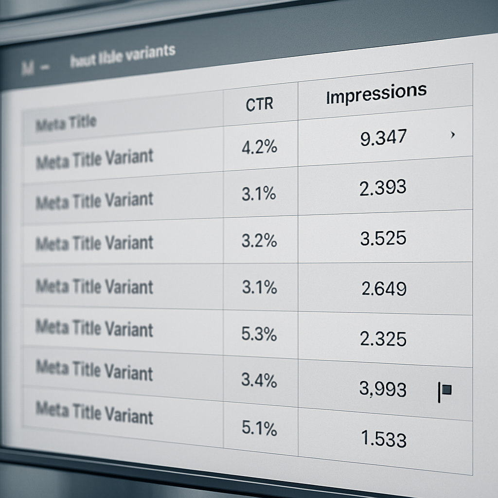 Dashboard screenshot showing multiple meta title variants generated for a set of pages, with CTR and