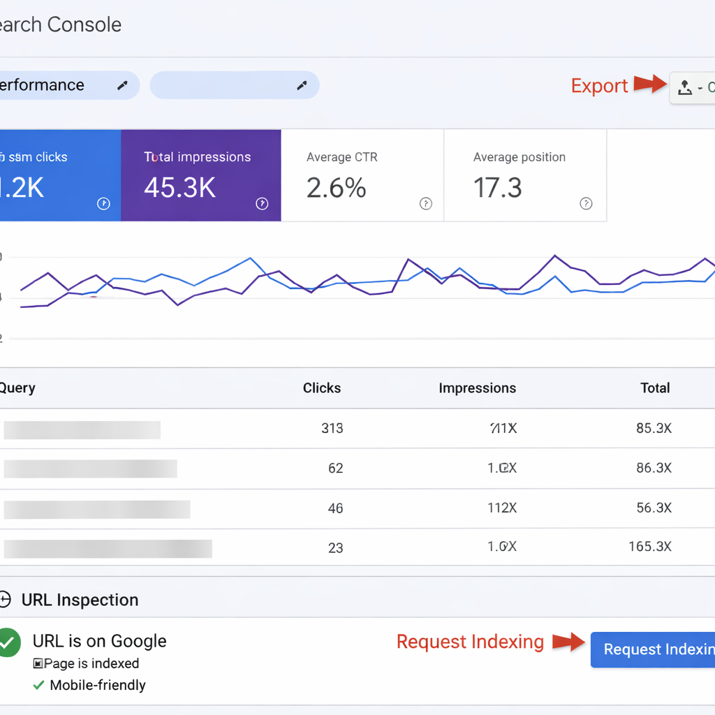 Screenshot style image of Google Search Console Performance report showing queries, impressions, cli