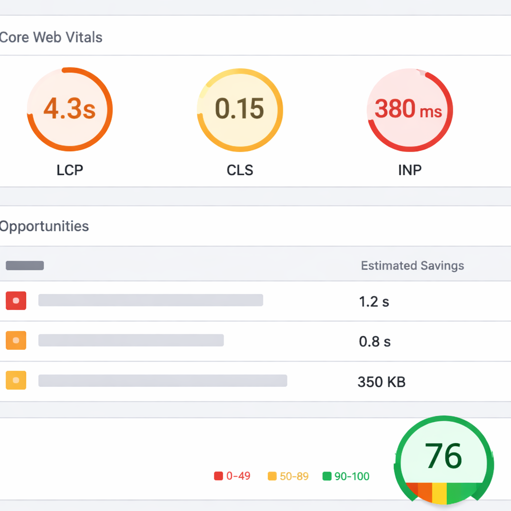 Close-up screenshot style image of a PageSpeed Insights report showing Core Web Vitals (LCP, CLS, IN