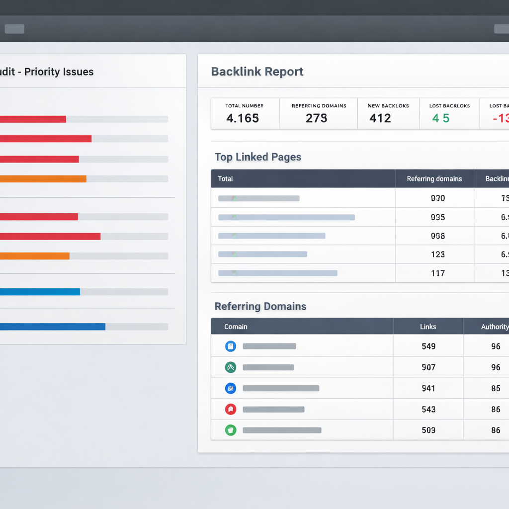 Photo realistic screenshot-style image of an SEO dashboard showing a site audit priority list on the
