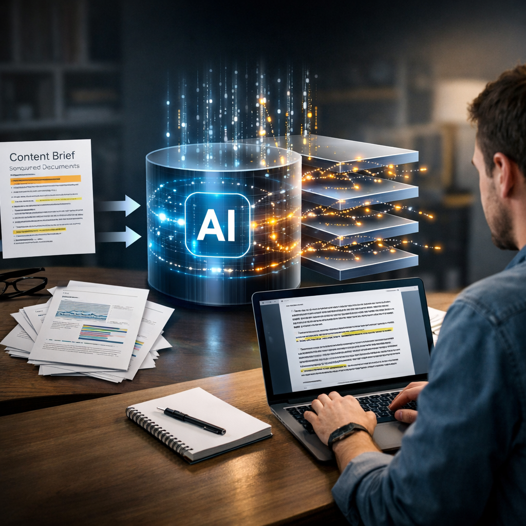 Photo realistic diagram showing a content brief and source documents entering an AI model, token flo