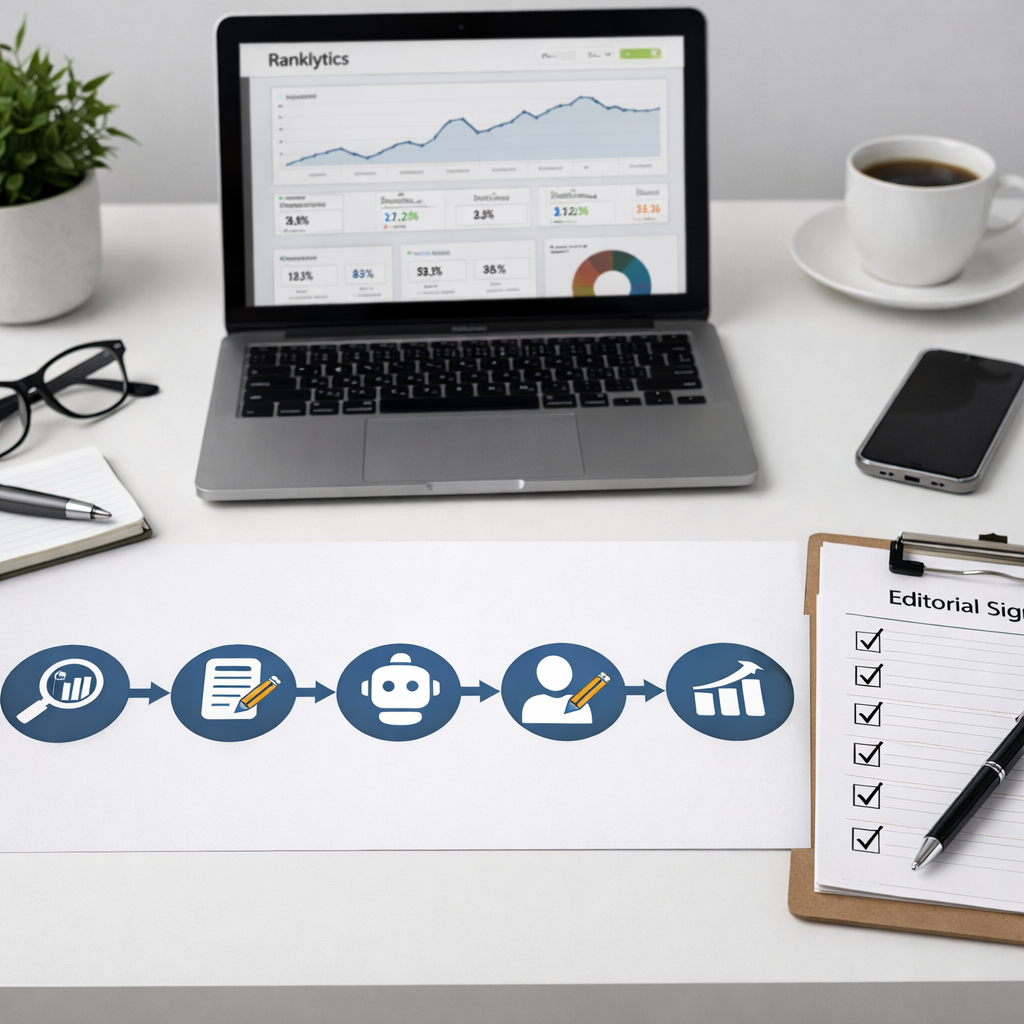A professional content operations flowchart on a clean desk - stages: keyword research, brief genera