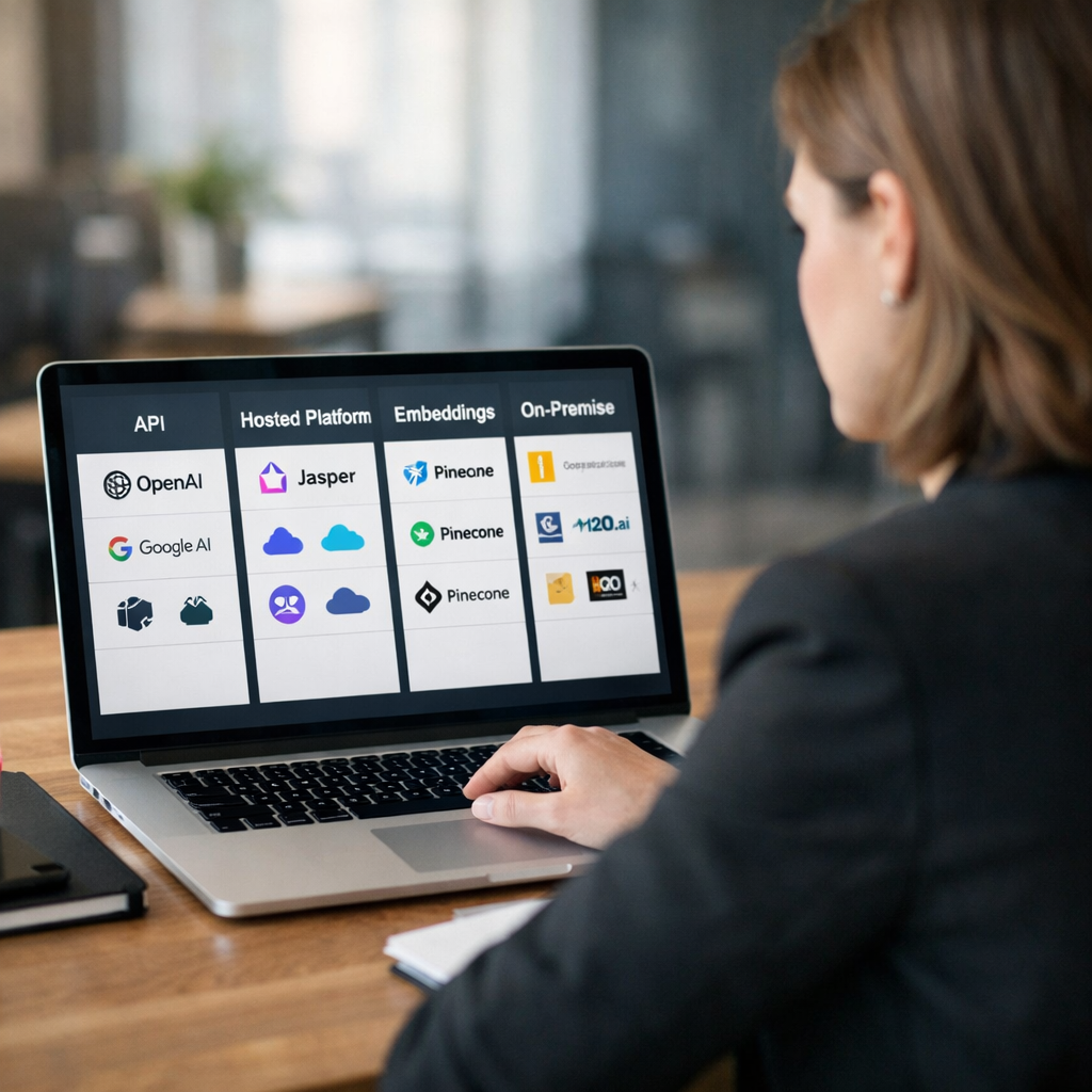 A professional content manager at a laptop evaluating different AI tools on screen with labeled cate